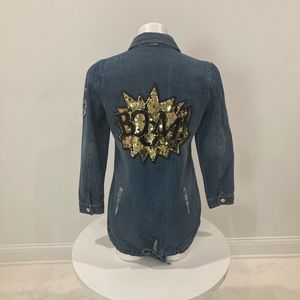 Distressed Blue Denim Button Down Shirt Jacket Sequins BOOM patches Girls 8/10